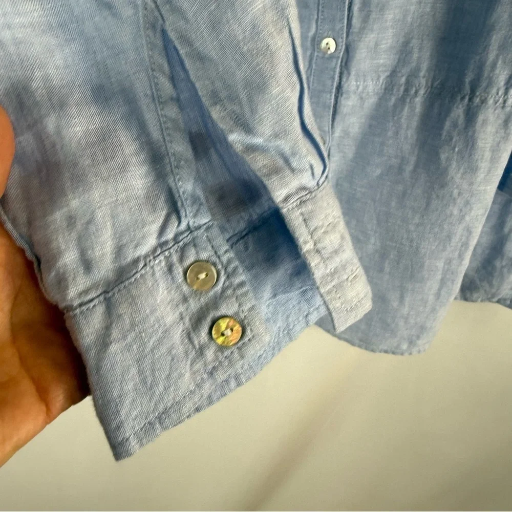 Tahari French blue 100% linen tunic shirt top split hem S Button -Up Top - Picture 8 of 14